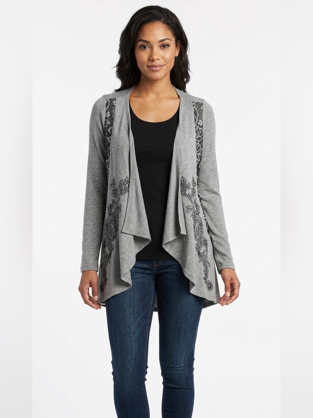 Cowgirl Legend Grey Open-Front Women's Cardigan Sweater with Lace Detail Size M